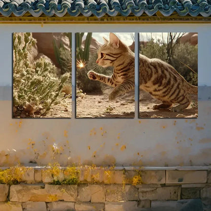 3pcs Charming Cat looking at the Cactus in Desert Metal Print Ready to Hang Art