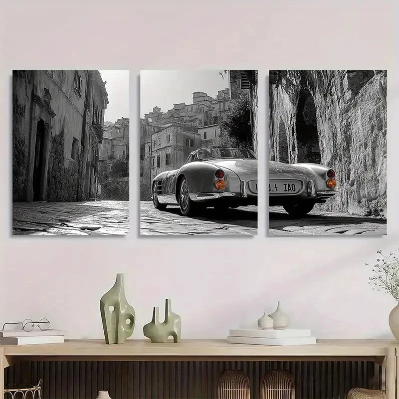 3pcs Retro Style Painting Black White Modern Metal Print Ready to Hang Art