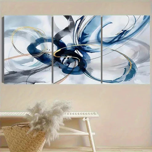 3pcs Blue and Golden Wave Wall Art Set Canvas Unframed - High Quality Print 100% Australian Made Wall Canvas