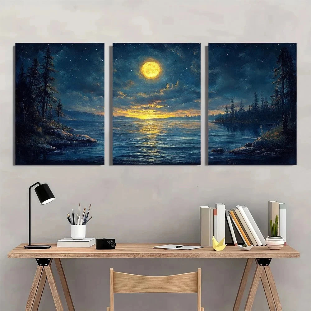 3pcs Moonlit Waters and Starry Sky Metal Print Ready to Hang Art