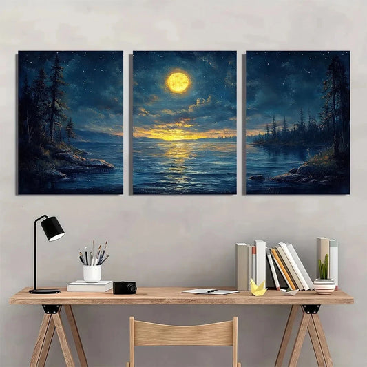 3pcs Moonlit Waters and Starry Sky Metal Print Ready to Hang Art