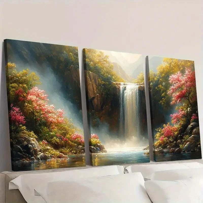 3pcs Colorful Flower Waterfall Painting D Wall Art Set Canvas Framed 50x70cm - High Quality Print 100% Australian Made Wall Canvas Ready to Hang