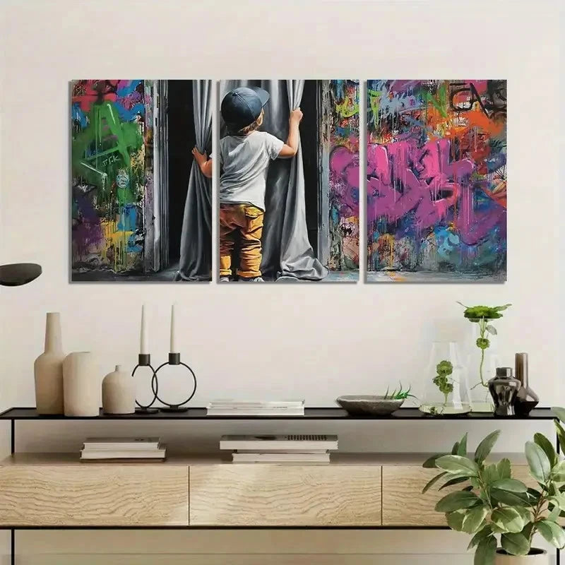 3pcs Boy Revealing Graffiti Behind Curtain Metal Print Ready to Hang Art