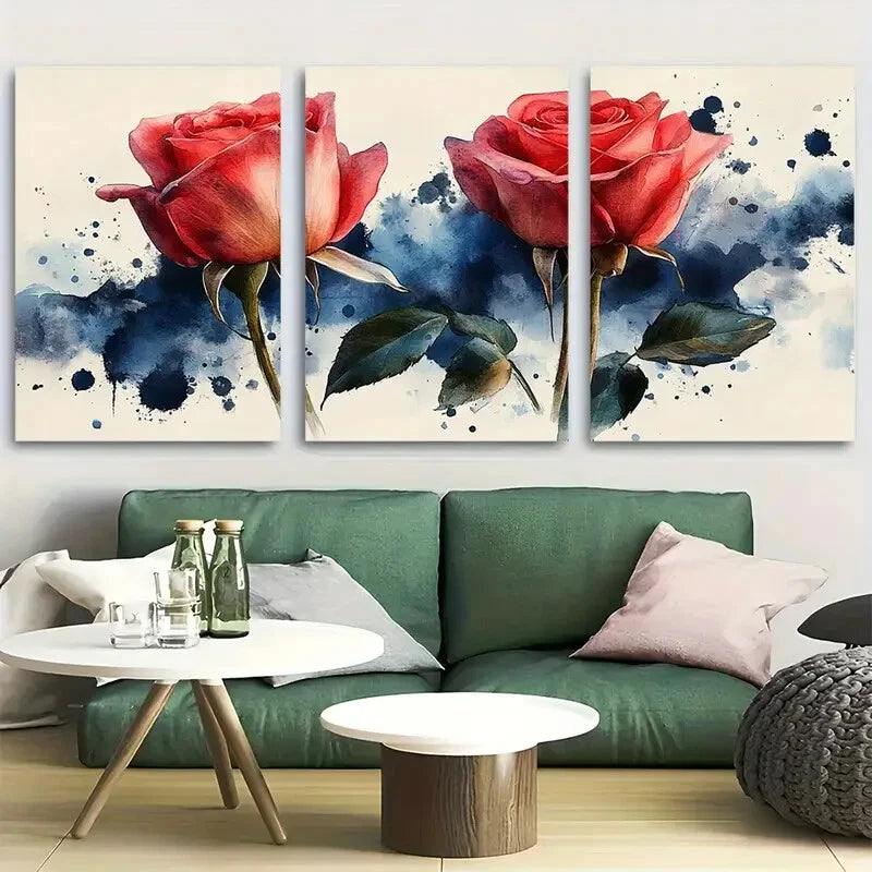 3pcs Roses White and Blue Background Design Metal Print Ready to Hang Art