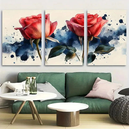 3pcs Roses White and Blue Background Design Metal Print Ready to Hang Art