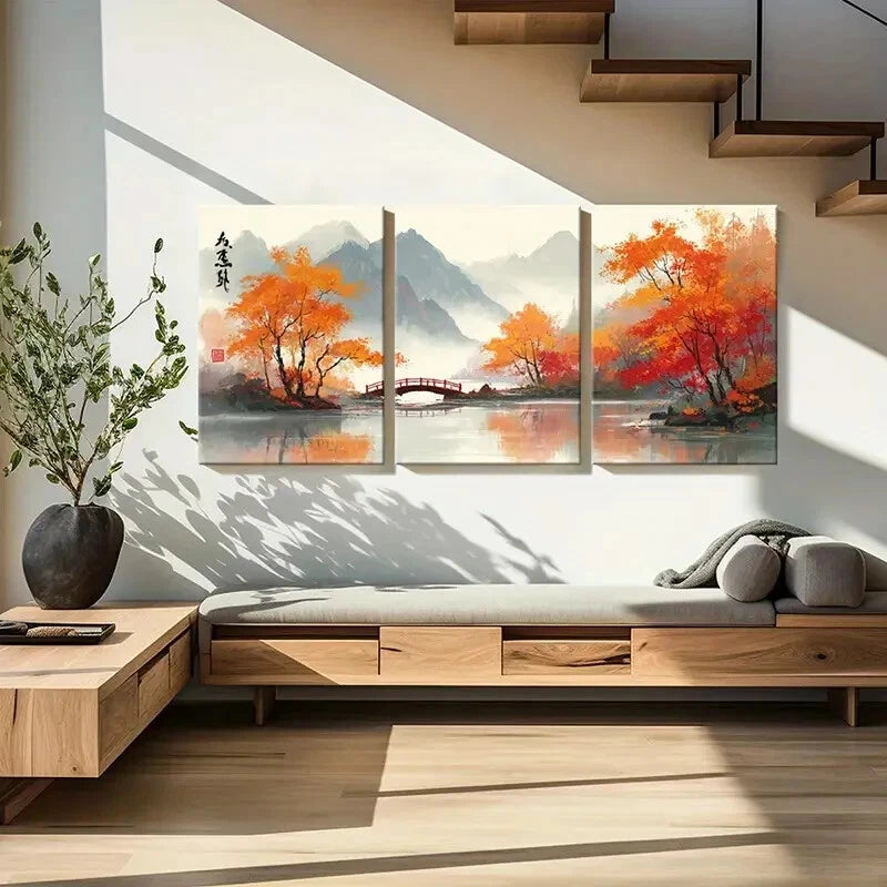 3pcs Zen-Inspired Autumn Landscape Mountain SceneryMetal Print Ready to Hang Art