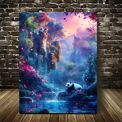 Vibrant Panda in Magical Forest Scene Painting 40x60cm Metal Print Ready to Hang