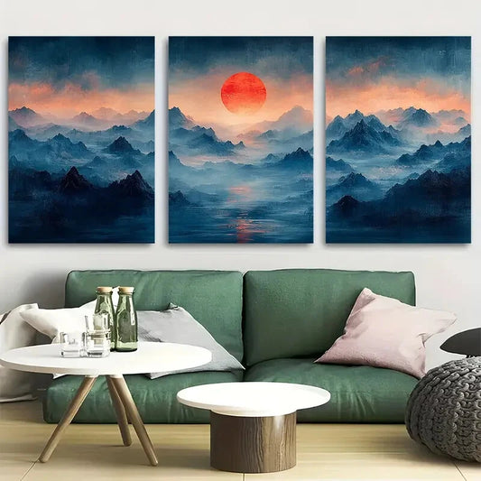 3pcs Misty Blue Mountains Chinese Red Sun Metal Print Ready to Hang Art