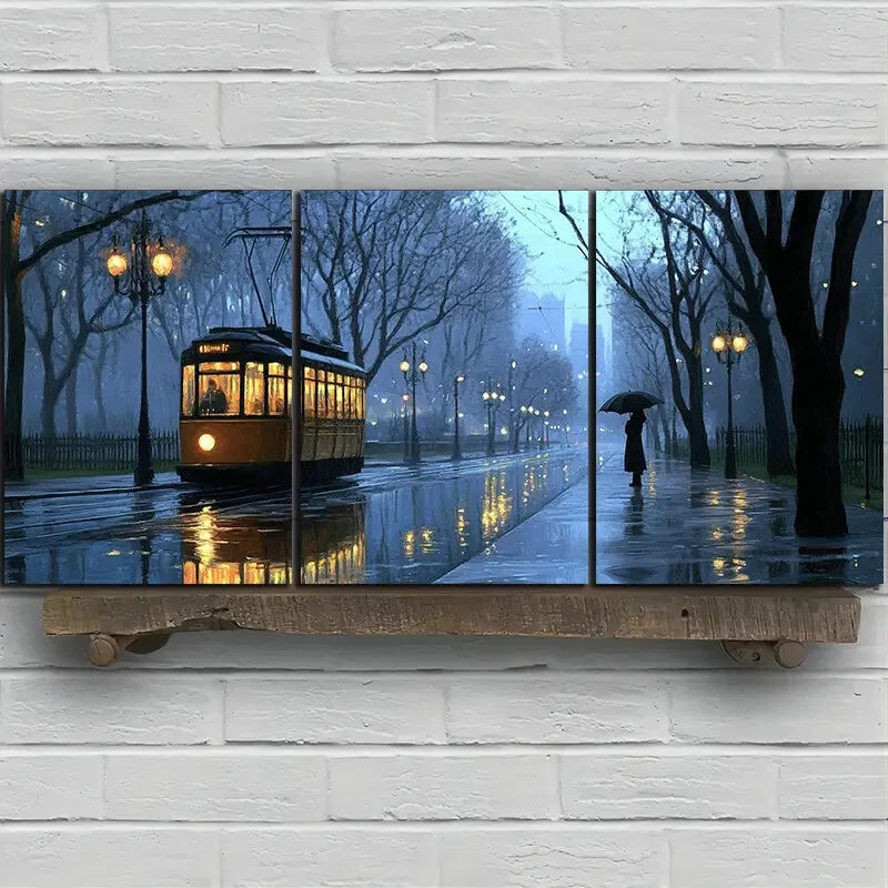 3pcs Rainy Street Big Trees Women Standing On Road Metal Print Ready to Hang Art