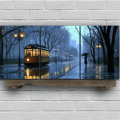 3pcs Rainy Street Big Trees Women Standing On Road Metal Print Ready to Hang Art