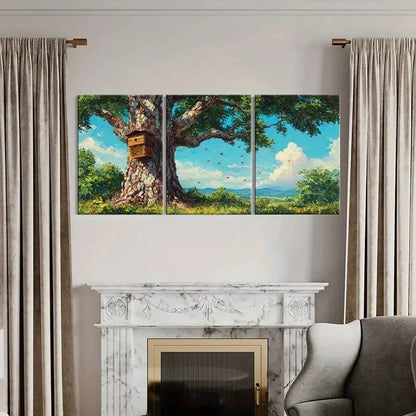 3pcs Beehive & Tree Landscape Nature Scenery Metal Print Ready to Hang Art