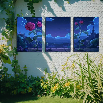 3pcs Elegant Roses Night Themed Design Metal Print Ready to Hang Art