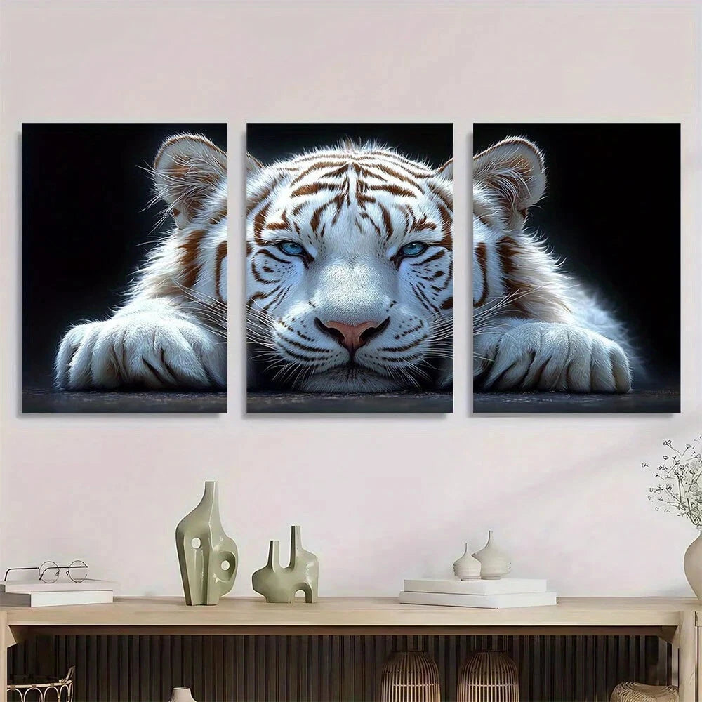 3pcs Modern White Tiger Animal Metal Print Ready to Hang Art