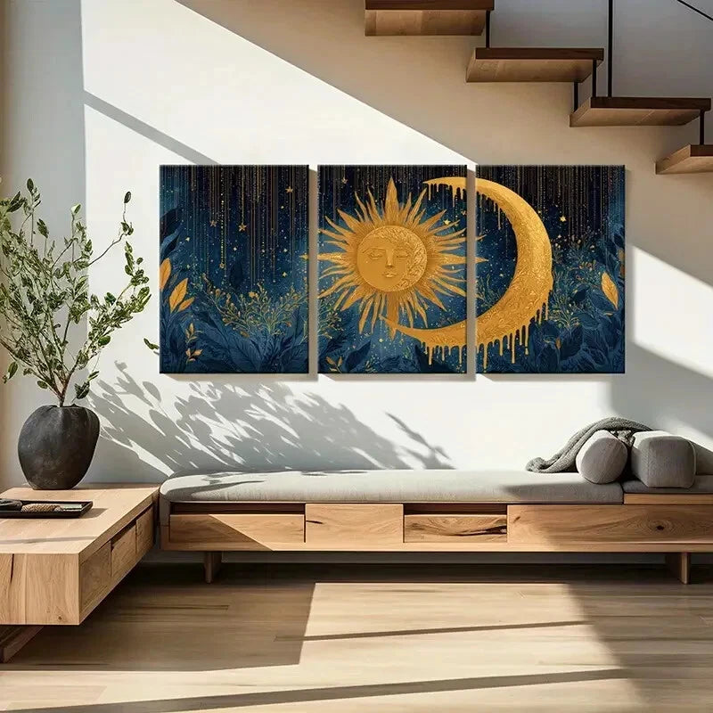 3pcs Sun Moon Celestial Art Golden Radiance Metal Print Ready to Hang Art