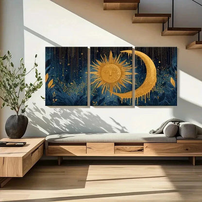 3pcs Sun Moon Celestial Art Golden Radiance Metal Print Ready to Hang Art