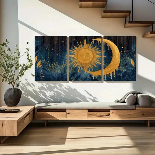 3pcs Sun Moon Celestial Art Golden Radiance Metal Print Ready to Hang Art