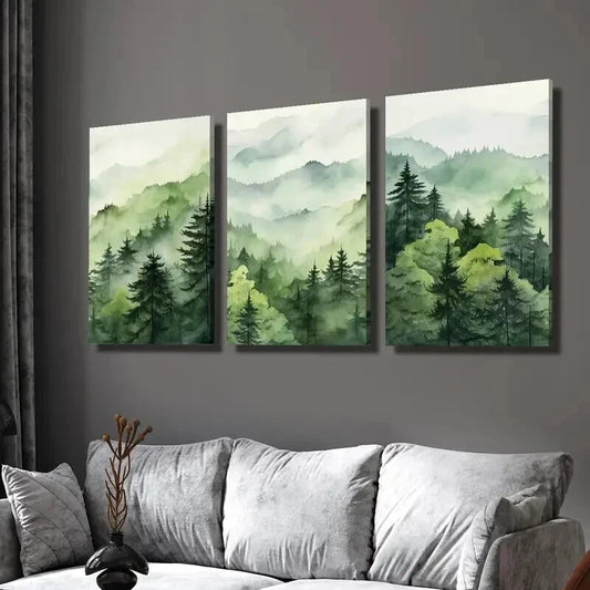 3pcs Misty Green Forest Natural Landscape Wall Art Set Canvas Framed 40x60cm - High Quality Print 100% Australian Made Wall Canvas Ready to Hang