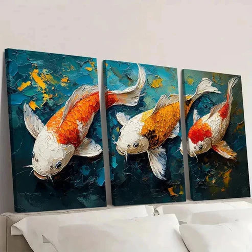 3pcs Golden & White Fish in Blue Background S Wall Art Set Canvas Unframed - High Quality Print 100% Australian Made Wall Canvas - Bella Home Decor