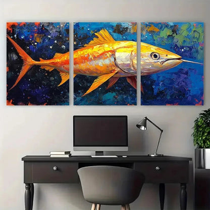 3pcs Vibrant Fish with Blue & Orange Hues Metal Print Ready to Hang Art