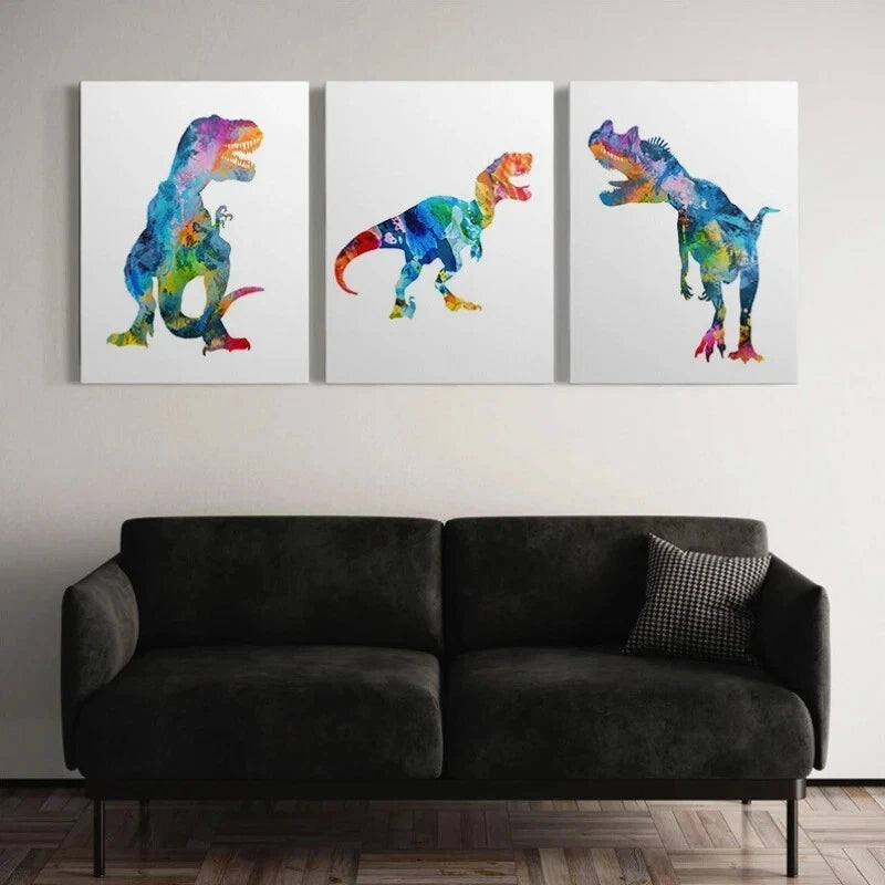 3pcs Colorful Watercolor Dinosaur Vibrant Metal Print Ready to Hang Art