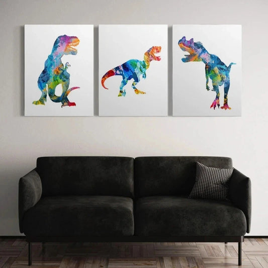 3pcs Colorful Watercolor Dinosaur Vibrant Metal Print Ready to Hang Art