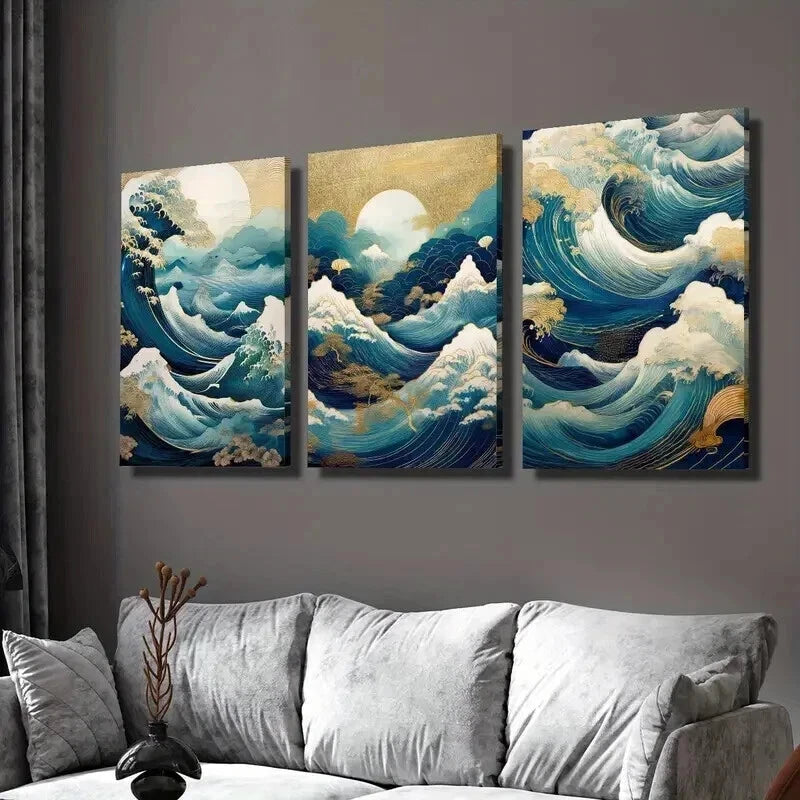 3pcs Moon Viewing & Hokusai Inspired Wave Wall Art Set Canvas Framed 40x60cm - High Quality Print 100% Australian Made Wall Canvas Ready to Hang