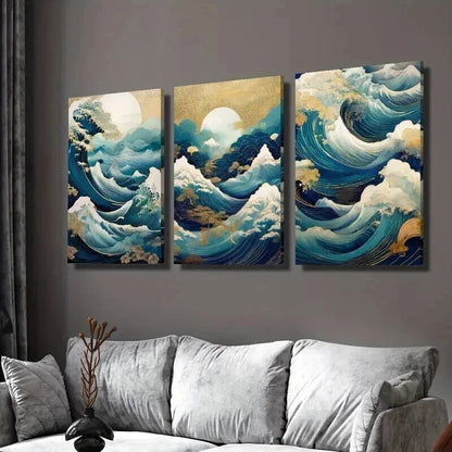 3pcs Moon Viewing & Hokusai Inspired Wave Wall Art Set Canvas Framed 40x60cm - High Quality Print 100% Australian Made Wall Canvas Ready to Hang
