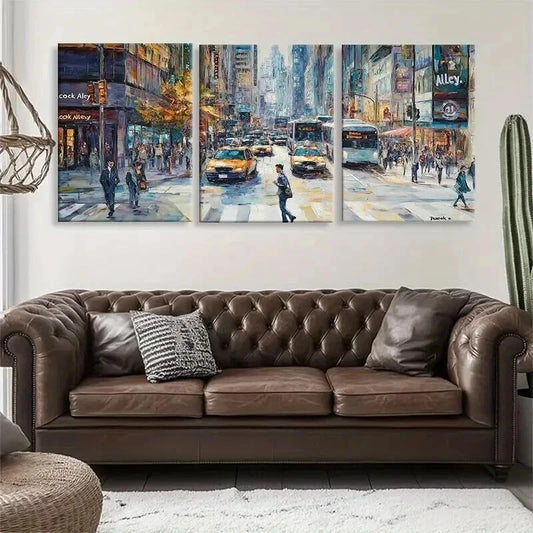 3pcs Urban Street Scene Yellow Taxis Perfect Wall Art Set Canvas Framed 40x60cm - High Quality Print 100% Australian Made Wall Canvas Ready to Hang