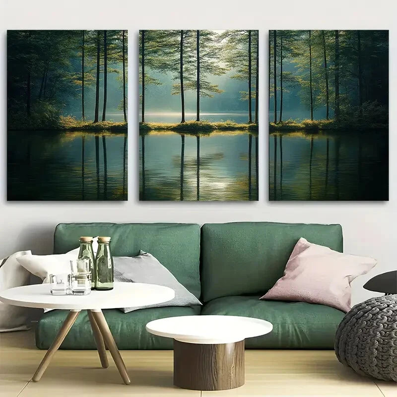 3pcs Green Trees and Pond Forest Scene Metal Print Ready to Hang Art