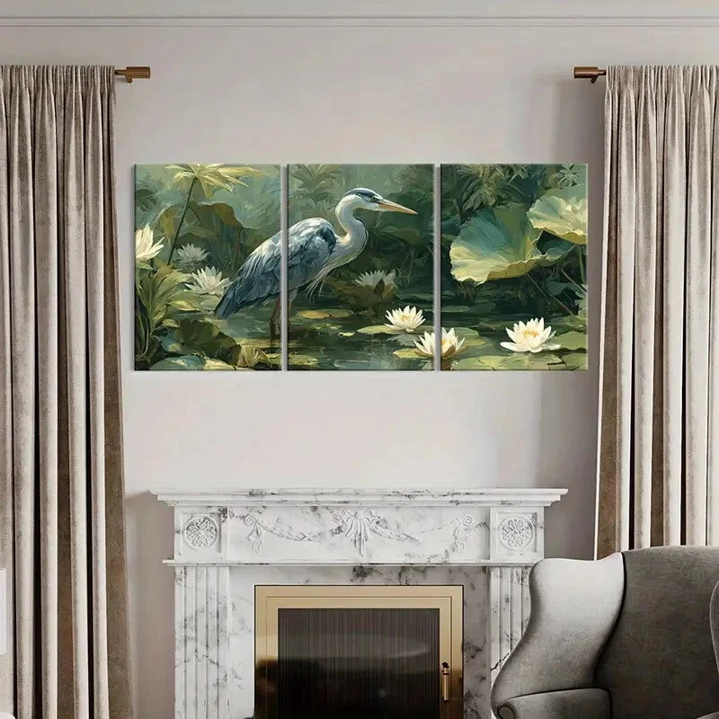 3pcs Heron Waterlily Pond Nature Landscape Metal Print Ready to Hang Art