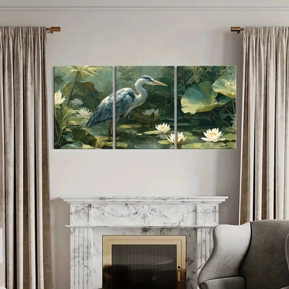 3pcs Heron Waterlily Pond Nature Landscape Metal Print Ready to Hang Art