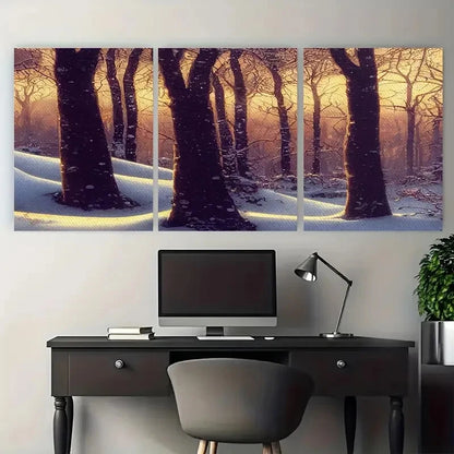 3pcs Snowy Forest Winter and Sunlit Pathway Scene Metal Print Ready to Hang Art