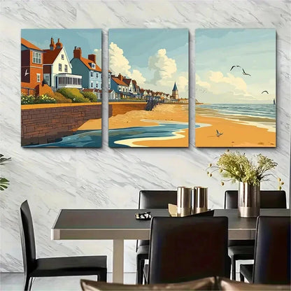 3pcs Vibrant Suffolk Coast Scene with Beach Metal Print Ready to Hang Art