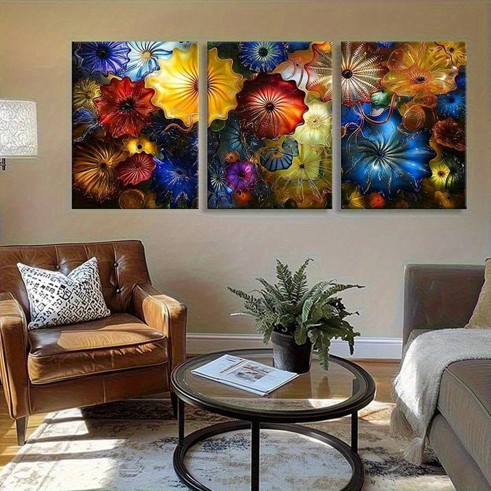3pcs Vibrant Floral Abstract Colorful Umbrella Metal Print Ready to Hang Art