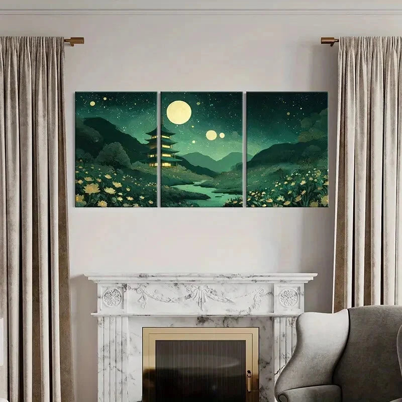 3pcs Serene Night Sky Stars & Glowing Flowers Metal Print Ready to Hang Art