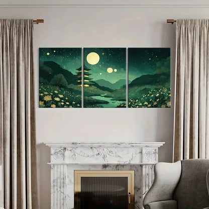 3pcs Serene Night Sky Stars & Glowing Flowers Metal Print Ready to Hang Art
