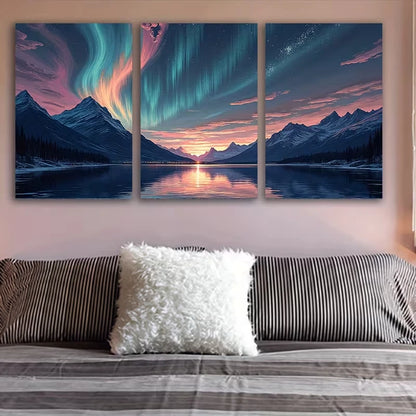 3pcs Vibrant Aurora over Snowy Mountain Lake Wall Art Set Canvas Framed 50x70cm – High Quality Print 100% Australian Made Wall Canvas Ready to Hang
