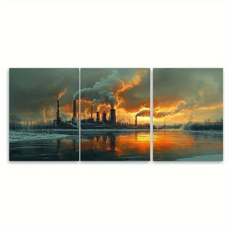 3pcs Vibrant Cityscape & Industrial Smoke E Wall Art Set Canvas Framed 60x90cm - High Quality Print 100% Australian Made Wall Canvas Ready to Hang