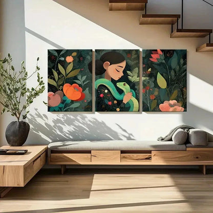 3pcs Woman Embracing Snake Floral Surroundings Metal Print Ready to Hang Art