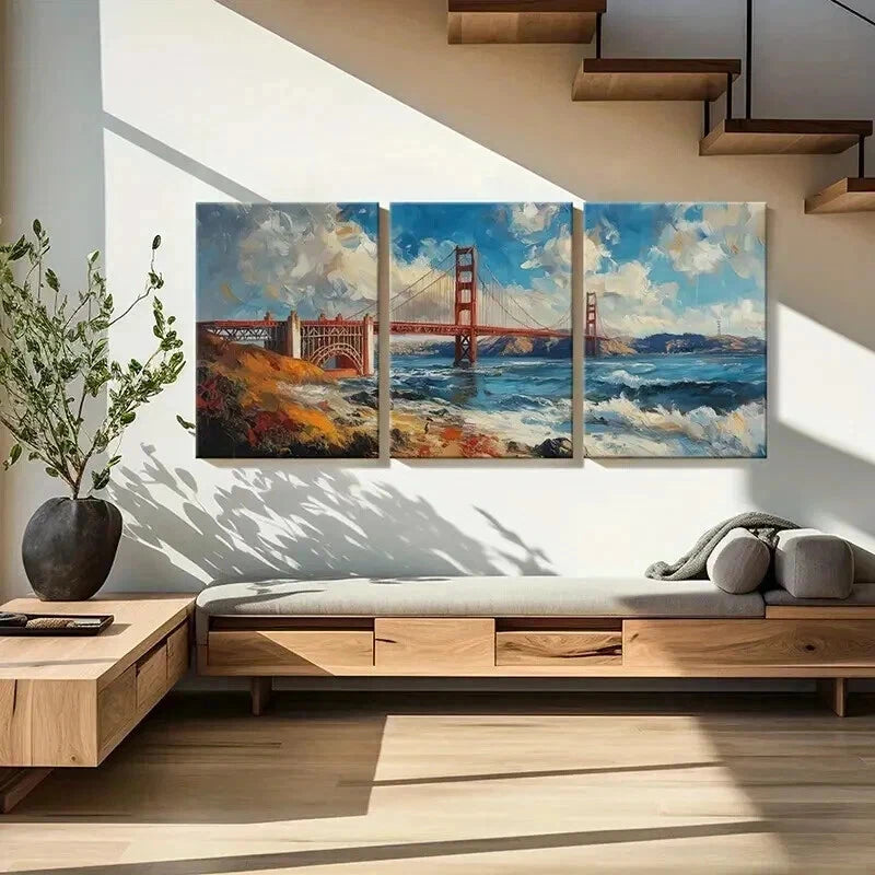 3pcs Golden Gate Bridge Dramatic Sky Ocean Waves Wall Art Set Canvas Framed 40x60cm - High Quality Print 100% Australian Made Wall Canvas Ready to Hang