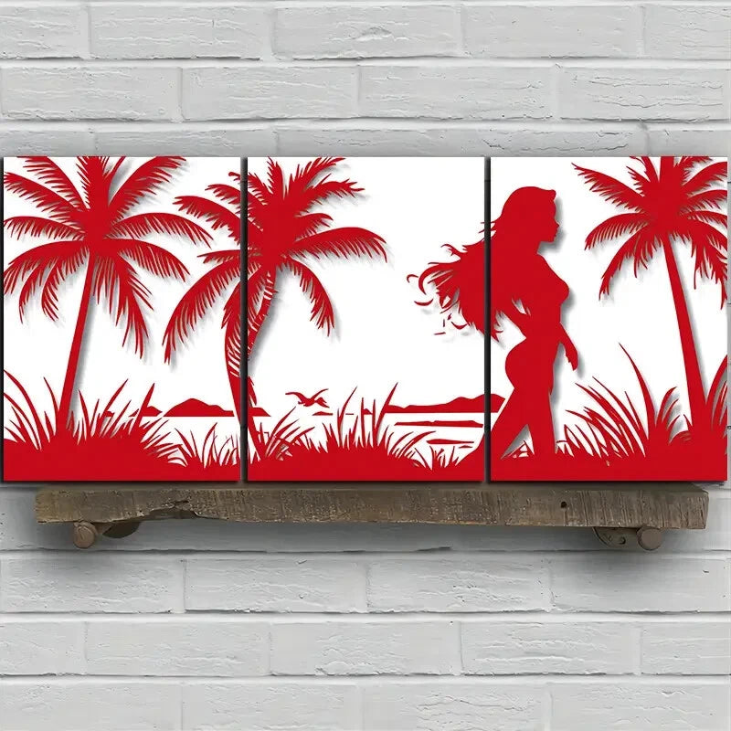 3pcs Tropical Beach Scene Red & White Metal Print Ready to Hang Art