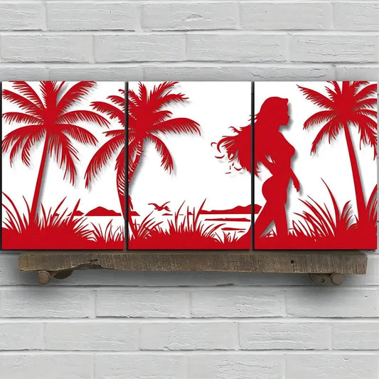 3pcs Tropical Beach Scene Red & White Metal Print Ready to Hang Art
