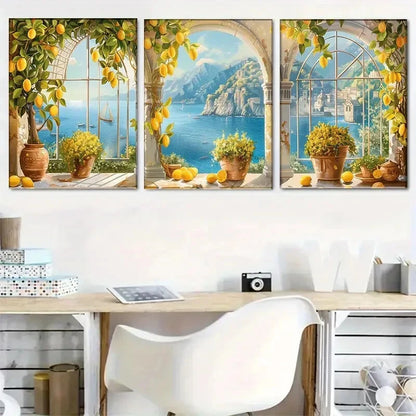 3pcs Coastal View Through Arched Windows Metal Print Ready to Hang Art