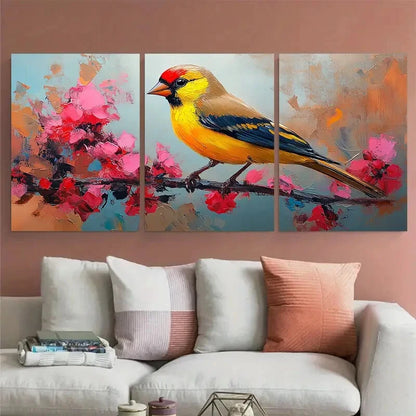 3pcs Vibrant Yellow Goldfinch on Branch Metal Print Ready to Hang Art