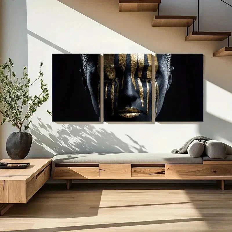 3pcs Golden Stripes Black Face Modern Abstract Metal Print Ready to Hang Art