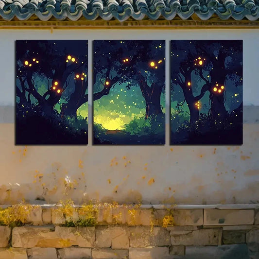3pcs Fluorescent Forest Mystical Night Scene Metal Print Ready to Hang Art