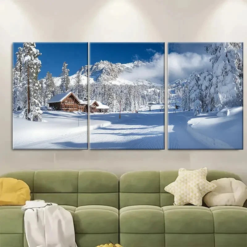 3pcs Village Scene with Sugar Bowl Ski VI Wall Art Set Canvas Framed 40x60cm - High Quality Print 100% Australian Made Wall Canvas Ready to Hang