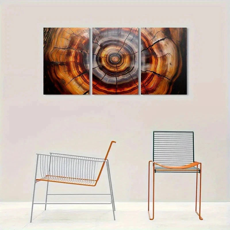 3pcs Nature Tree Ring Wooden Brown Metal Print Ready to Hang Art
