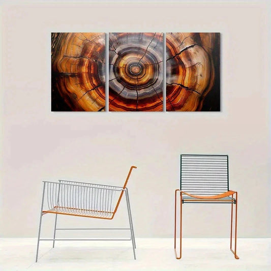 3pcs Nature Tree Ring Wooden Brown Metal Print Ready to Hang Art