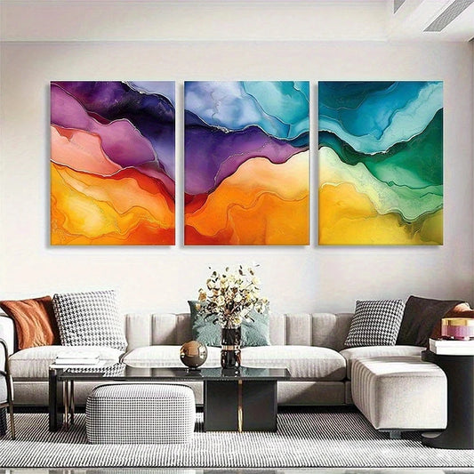 Colorful abstract wall art above a sofa in a living room